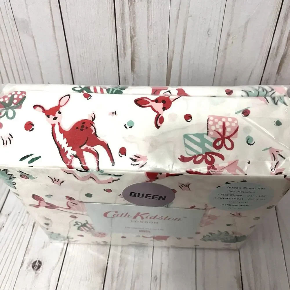 CATH KIDSTON London QUEEN Sheet Set 100% Cotton Ditsy Deer Christmas Holiday New
